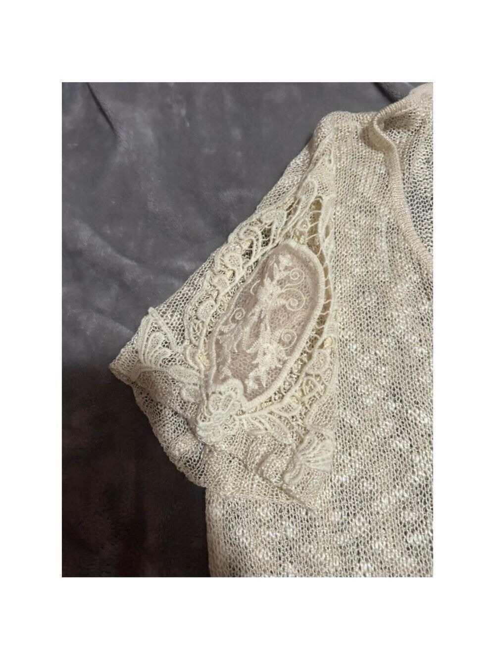 Women's POL Beige Knit V-Neck Sweater with Lace Sleeves, Size S - Picture 2 of 5